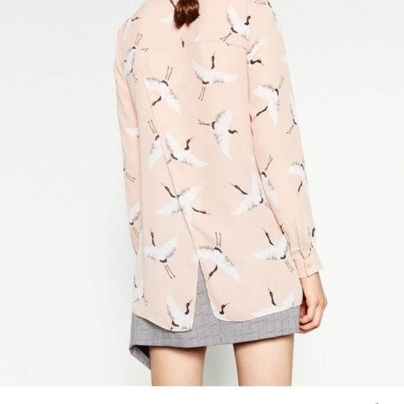 Zara Basics Crane Print Blouse Open Back Button Up Top - Picture 5 of 9
